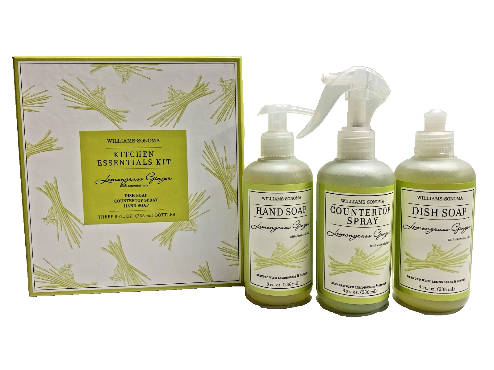 Williams Sonoma Lemongrass Ginger Kitchen Cleaning Kit Hand & Dish Soap + Spray