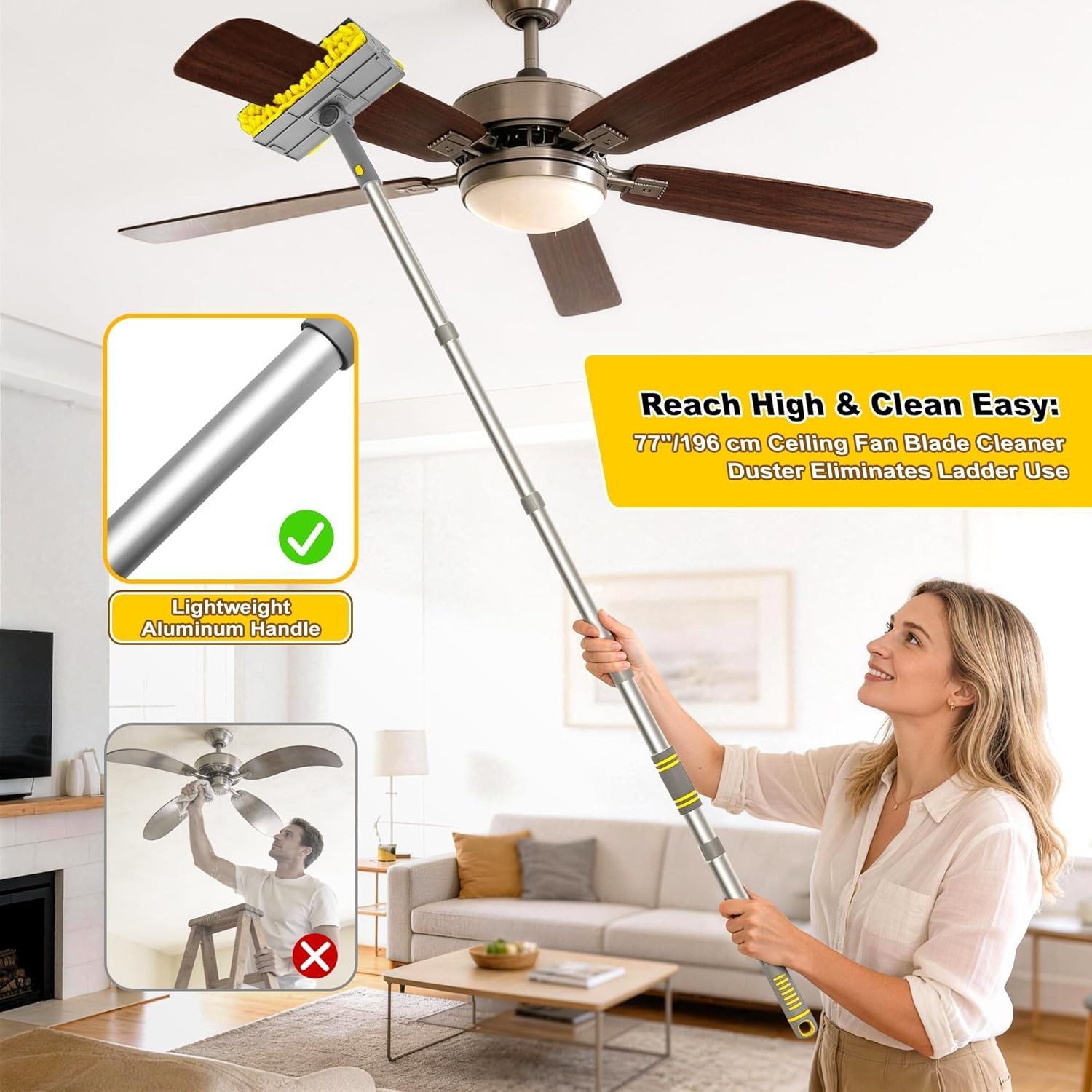 Effortless 77″ Extendable Ceiling Fan Duster with 360° Rotatable Cleaning Head