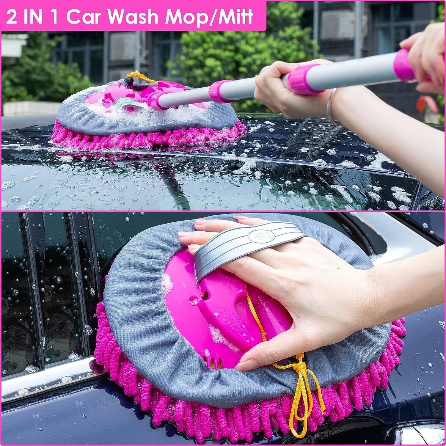 CALBEAU Car Wash Brush Mop 43″ Long Handle 14PCS Detailing Brush Duster Set-Wind