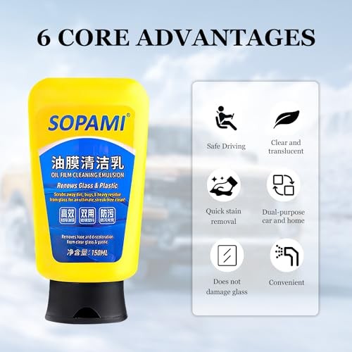 Sopami Oil Film Cleaner – Glass Cleaner, Auto Glass Oil Film Remover, Quick