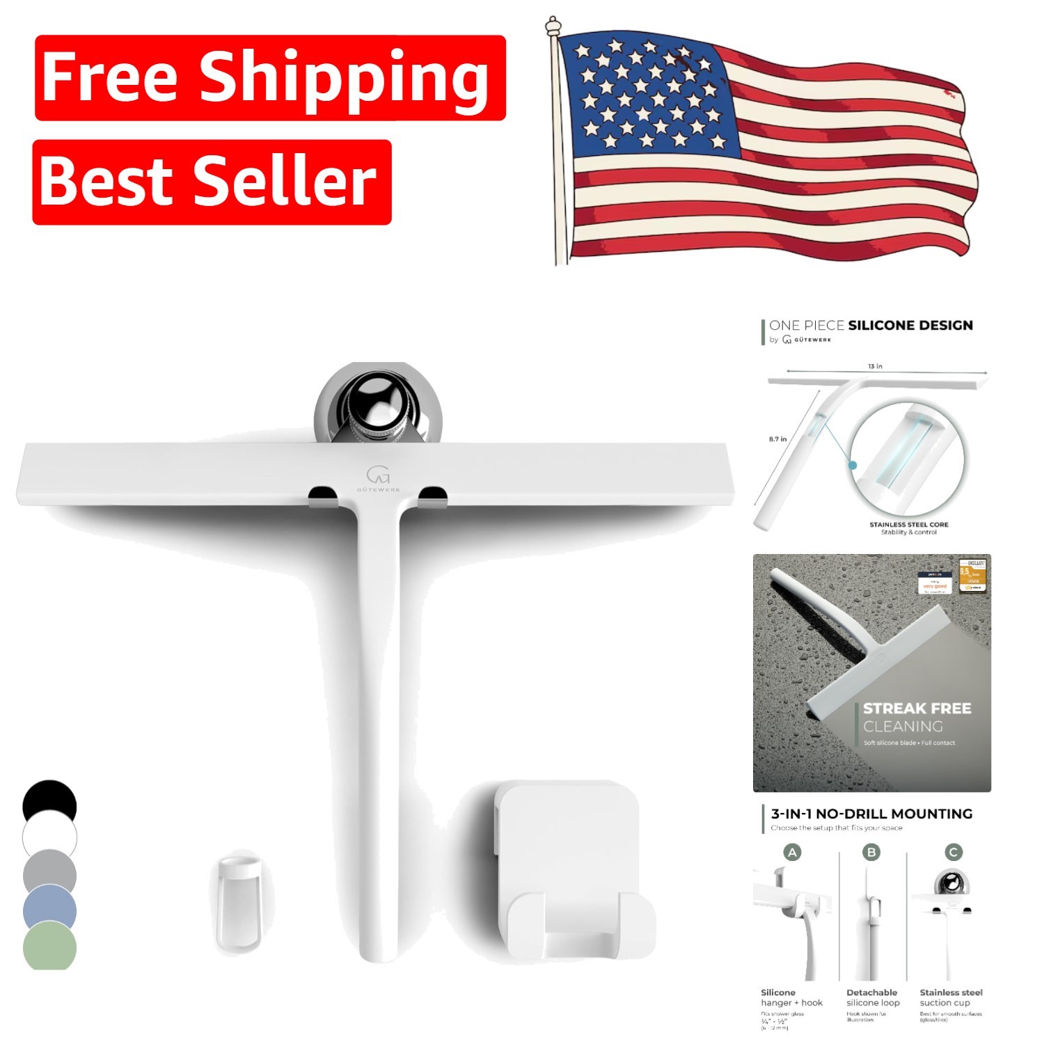 Minimalist 13-Inch Silicone Shower Squeegee with Stainless Steel Hook for Str…