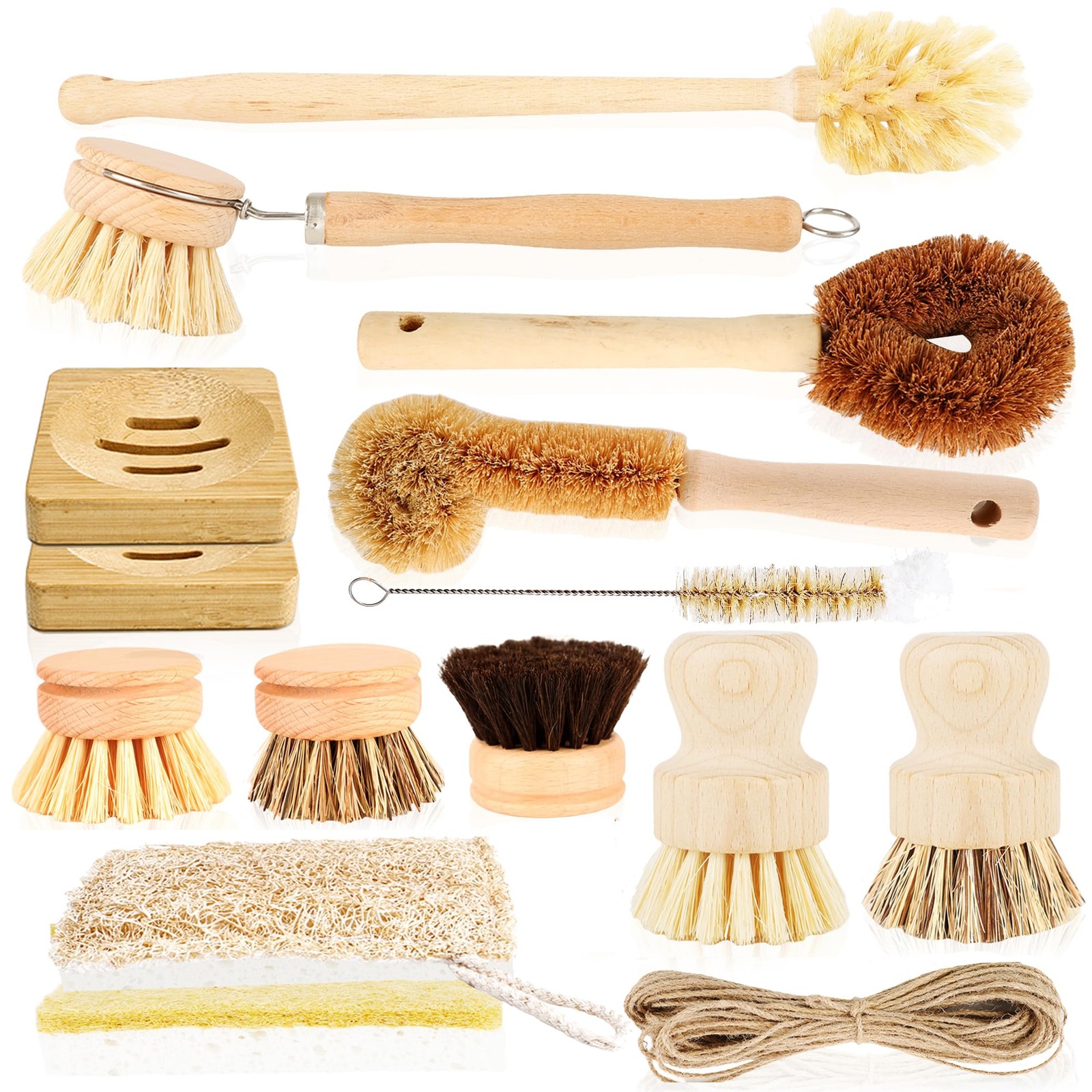 15 Pcs Bamboo Dish Brush Set with 65 Ft Hemp Rope Wooden Palm Pot Brush Sisal…