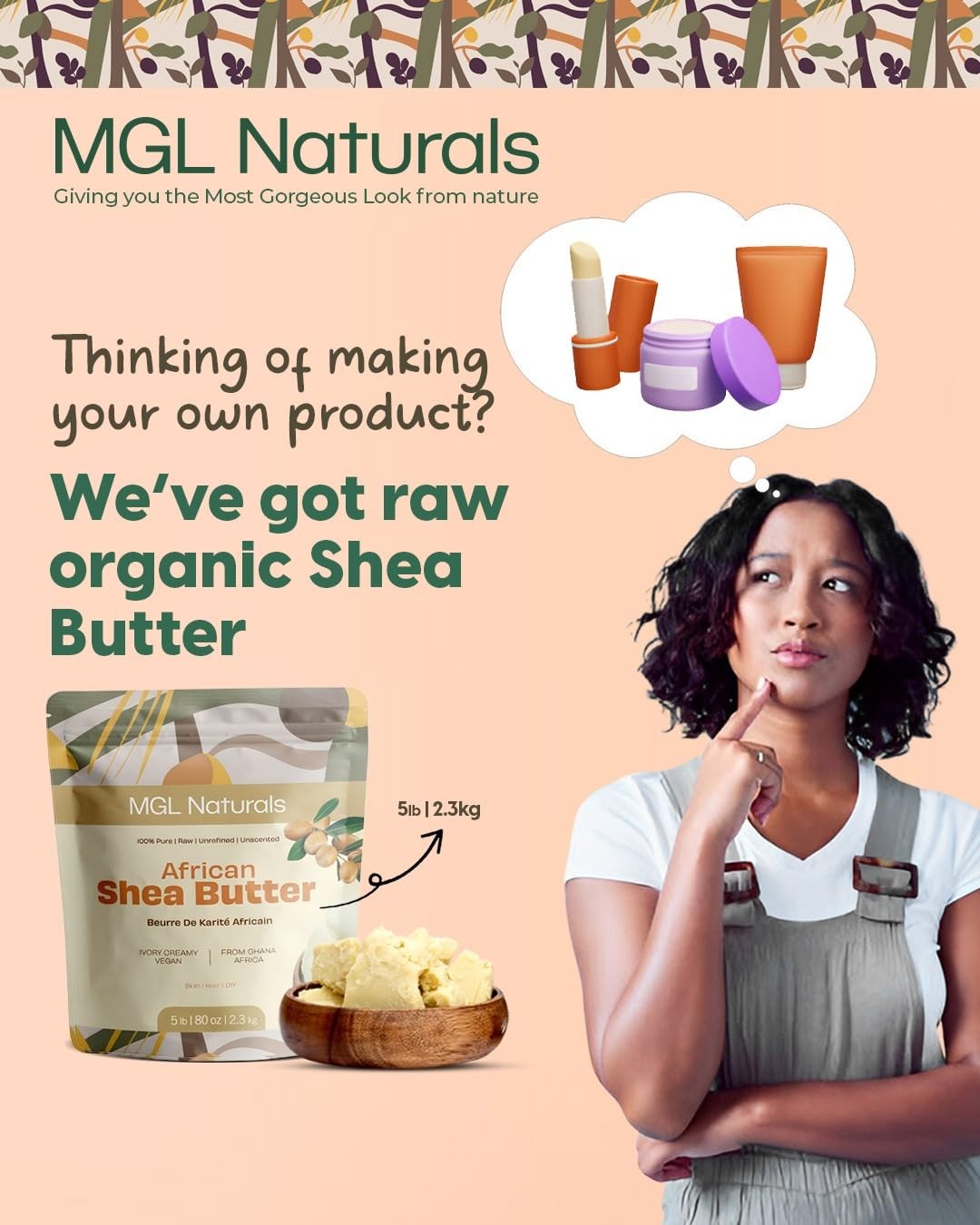 MGL Naturals Raw African Shea Butter Ivory 5 lb, 100% Pure and Unrefined. Nour