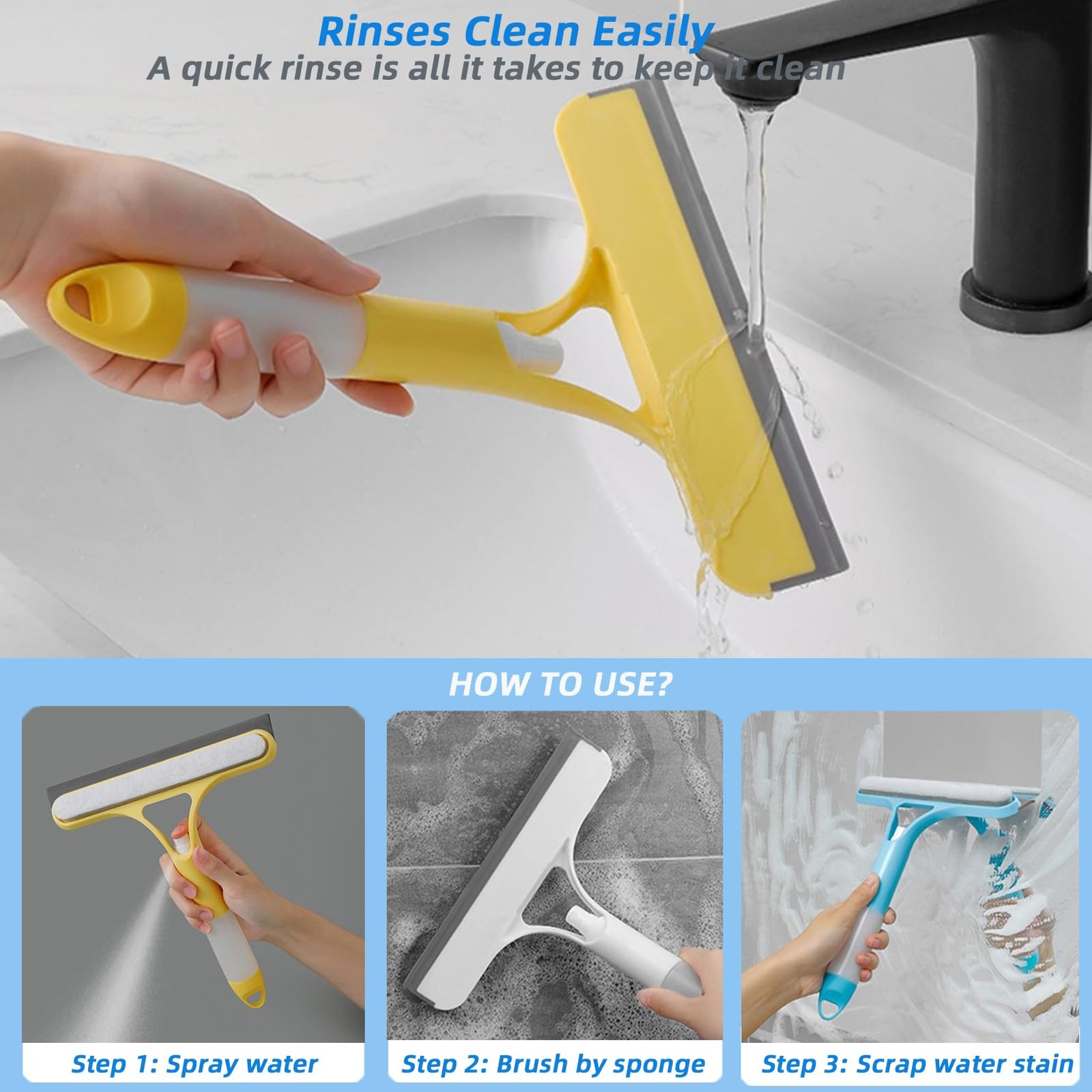 3 in 1 Window Squeegee, Cleaning Scraper with Scrubber Sponge Sprayer Clean K…