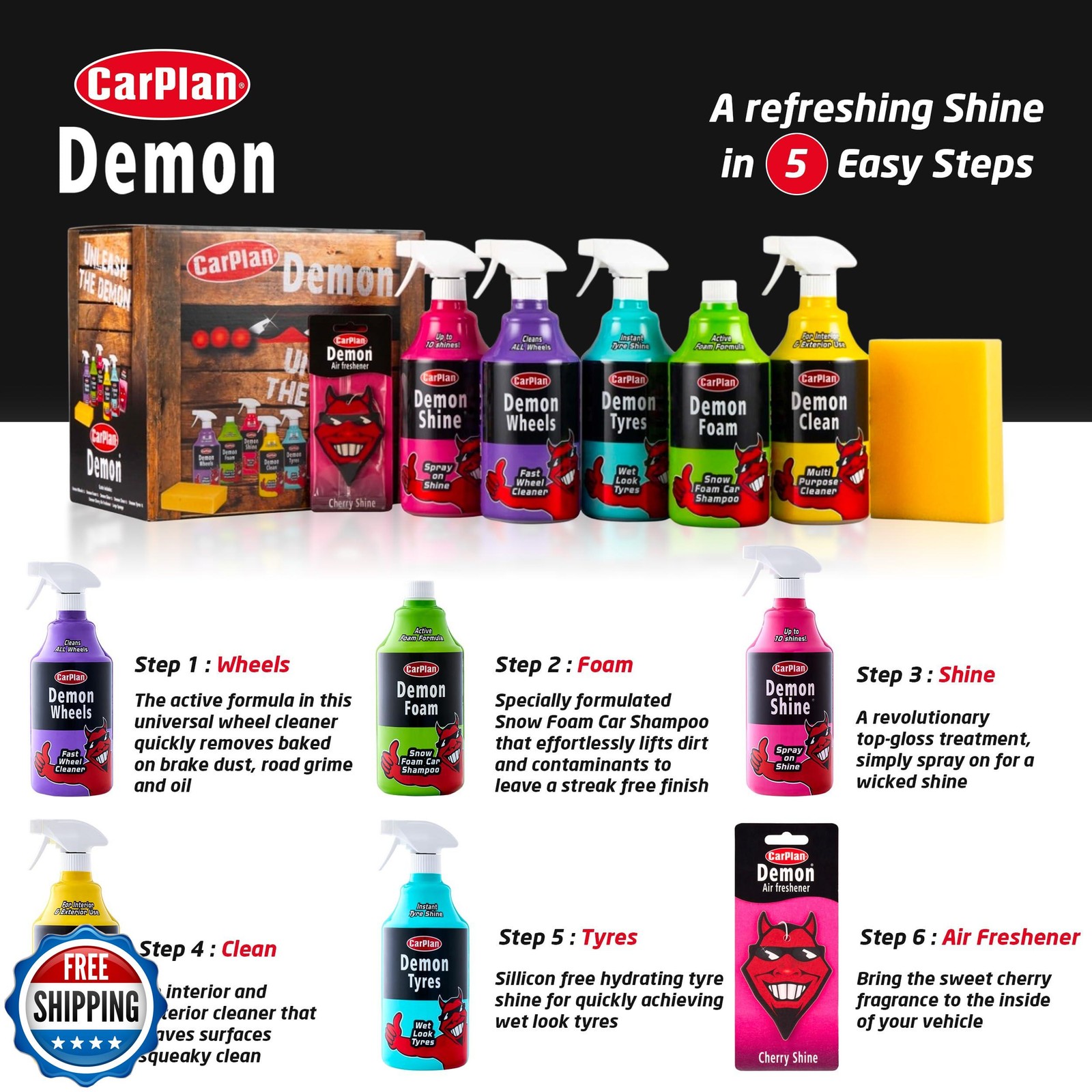 CarPlan Demon Car Wash Kit – 7 Piece Set Includes Car Wash Soap, Wheel Cleane