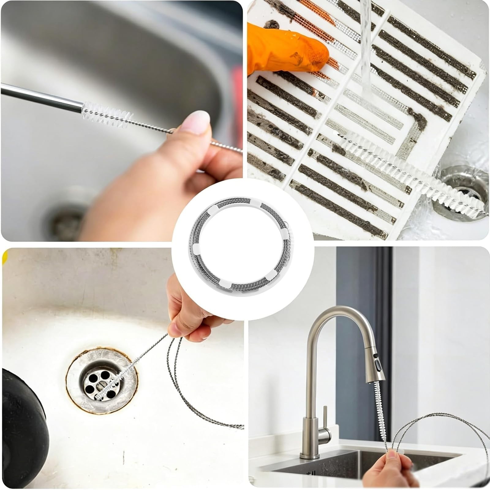 2 Pack Flexible Drain Cleaning Kit – 160″ Stainless Steel Brush & 80″ Spring Aug