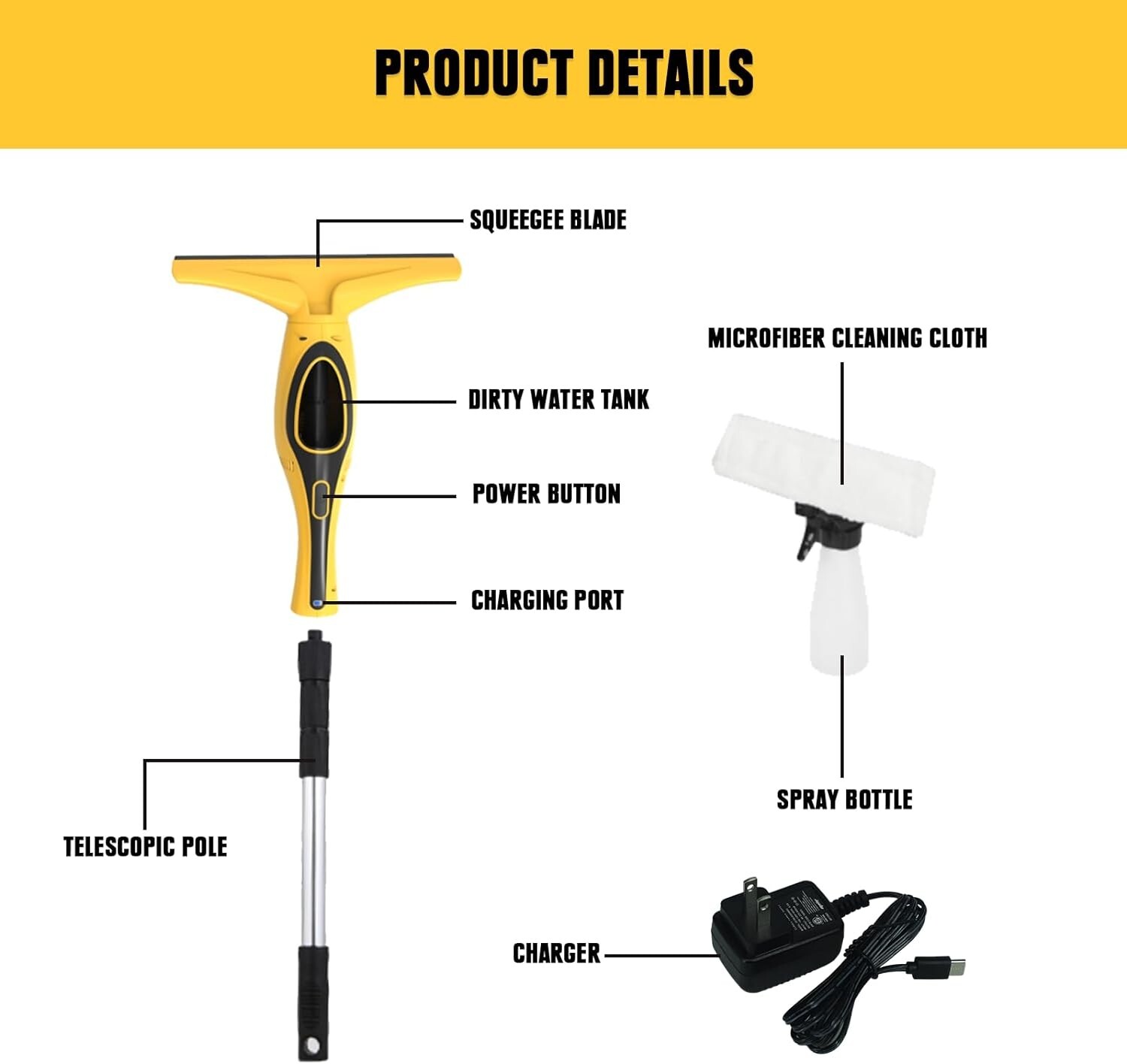 Mellif Window Vacuum Squeegee Cordless Rechargeable 36″-61″ Telescopic Pole