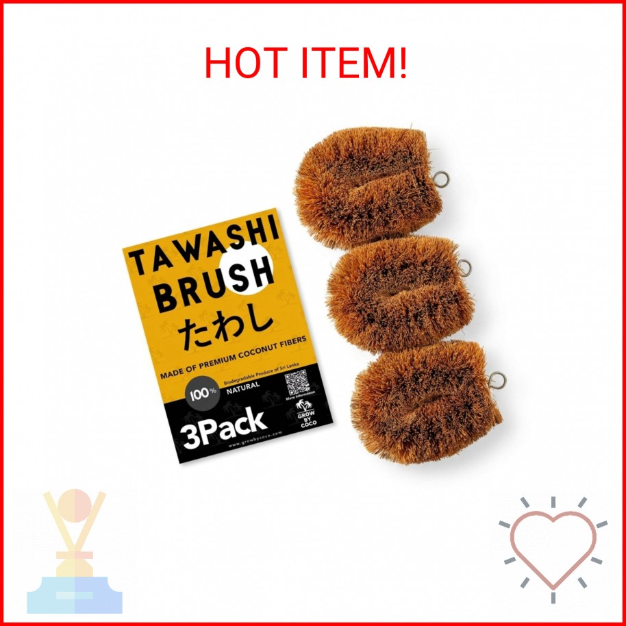 GrowByCoco Pack of 3 Tawashi Vegetable Scrub Brush,100% Natural Coconut Coir Fib