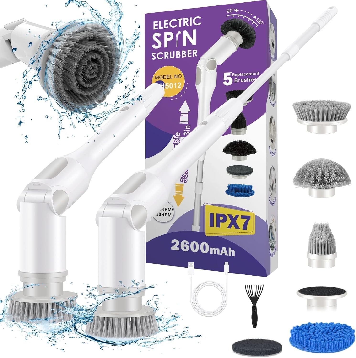 Electric Spin Scrubber, Protable Cordless with 5 Brush Heads & Adjustable Handle