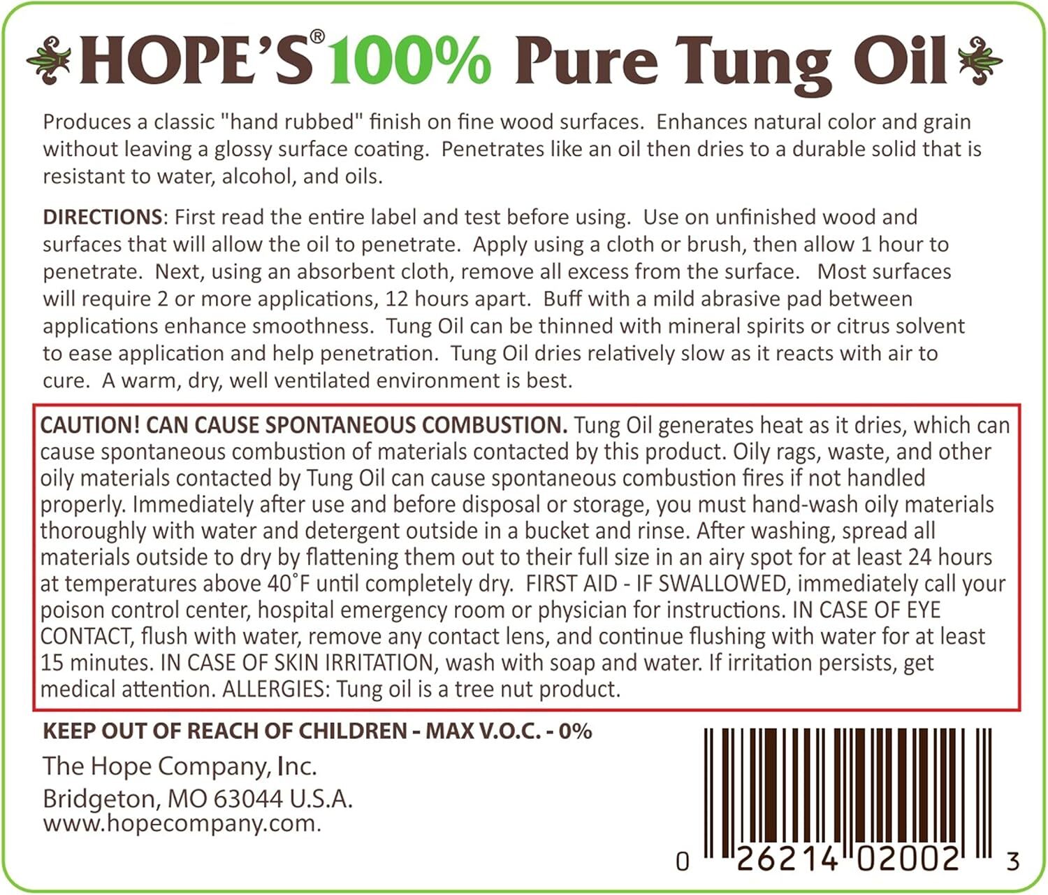 HOPE’S 100% Pure Tung Oil, Food Safe, Premium Waterproof Natural,32 Fl Oz,1 Pack