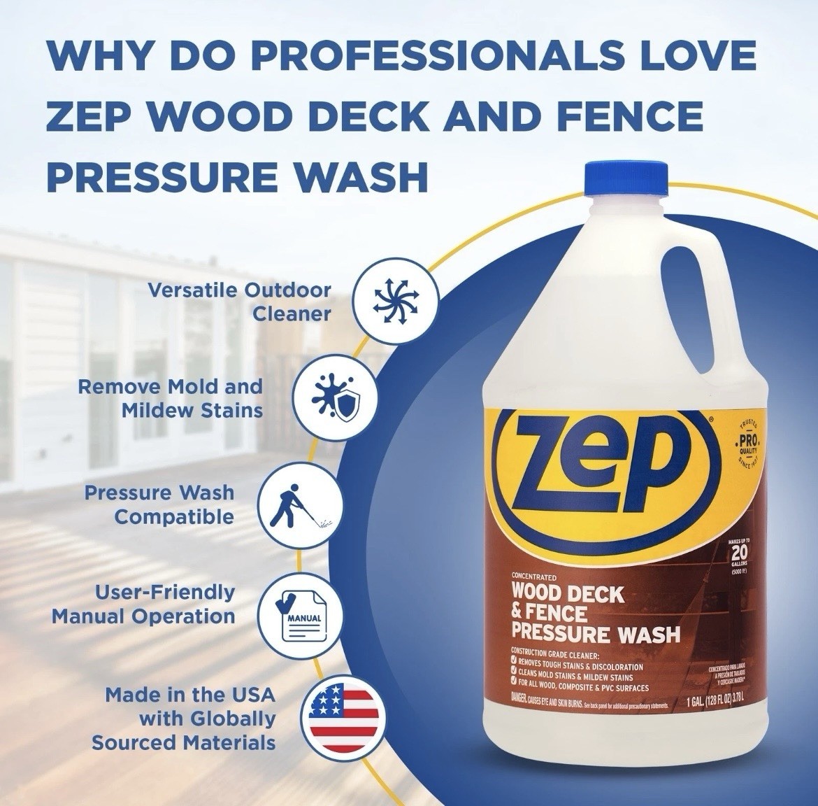 Zep Wood Deck and Fence Pressure Wash Cleaner Concentrate – 1 Gallon (Case of 4)