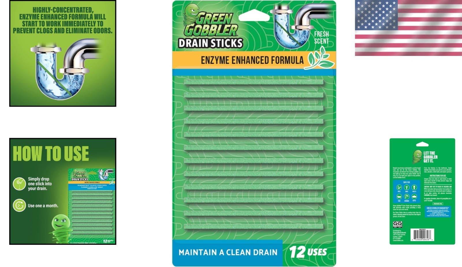 Fresh Scent Drain Cleaning Sticks – Safe for All Pipes, 12 Pack of Enzyme Strips