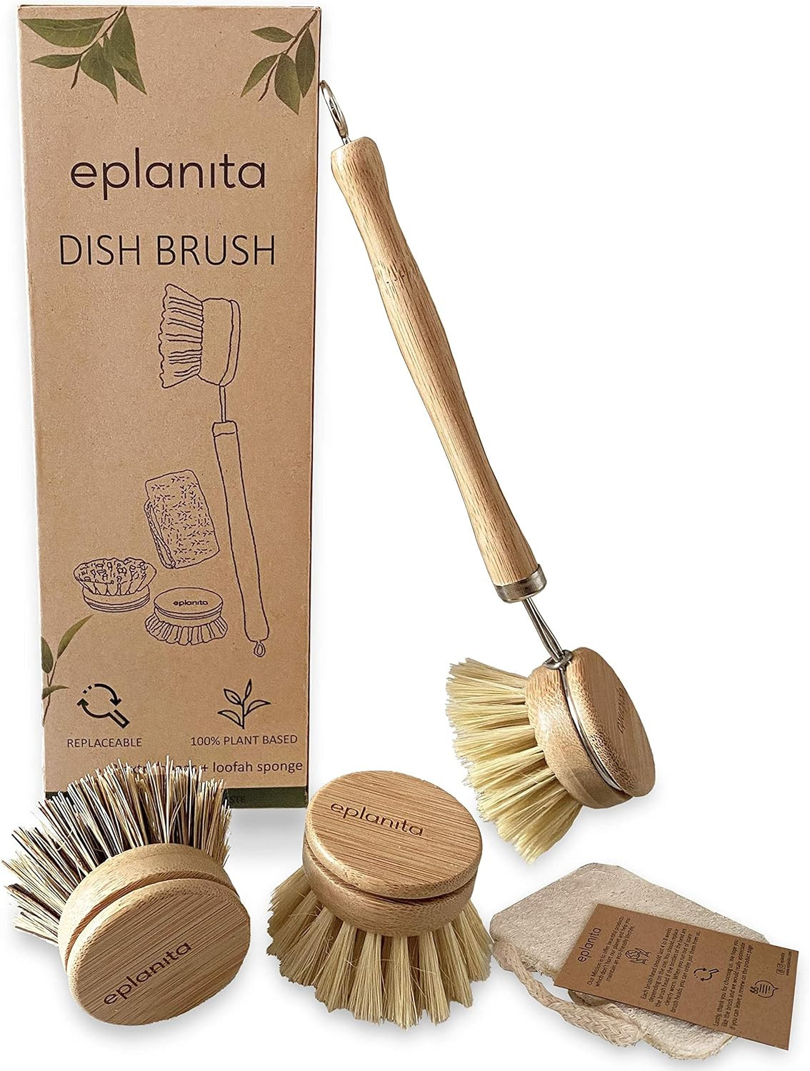 Natural Dish Brush, 3 Replacement Heads, Kitchen Eco Bamboo Scrubber Brushes, Ex