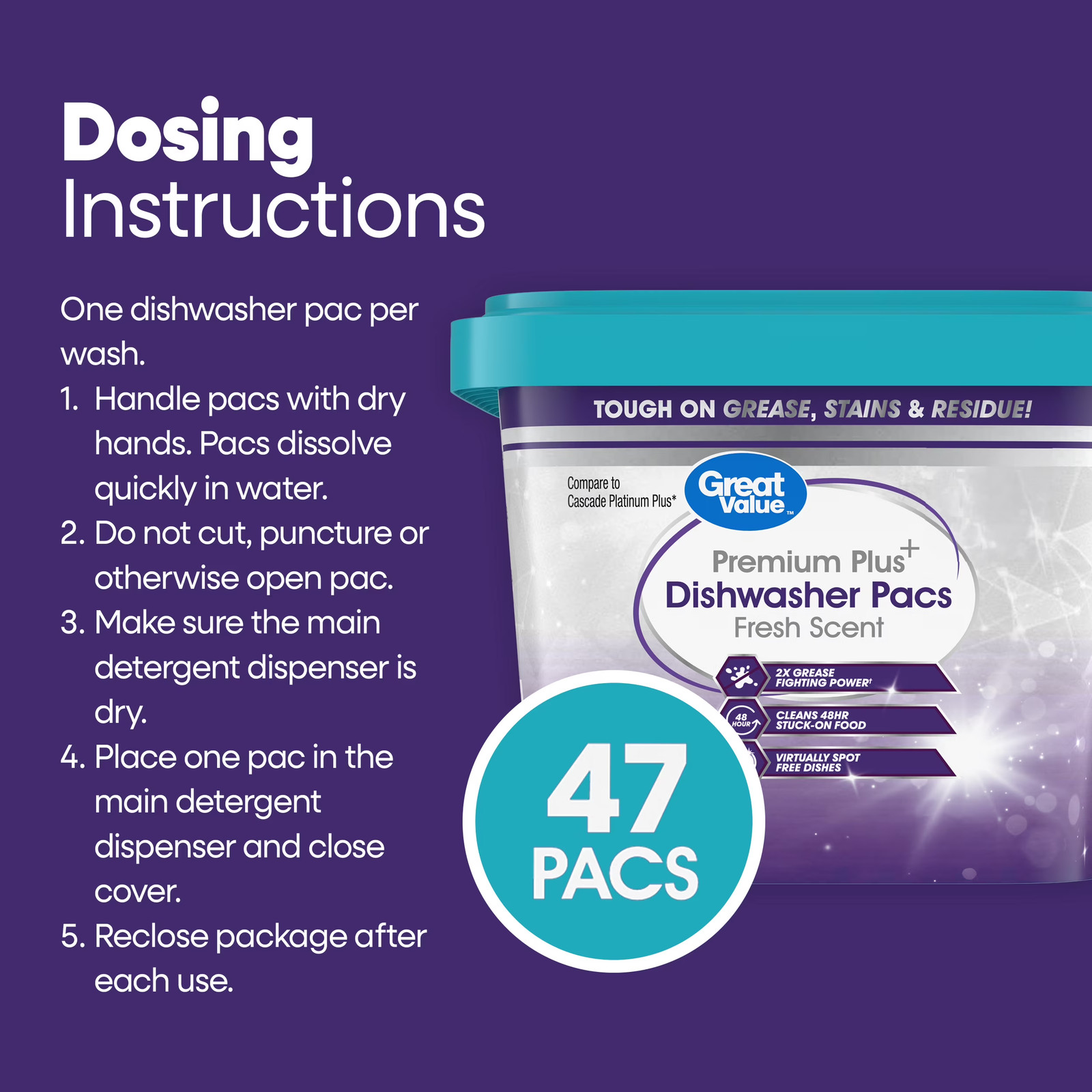 Premium Plus Dishwasher Pacs, Fresh Scent, 47 Count