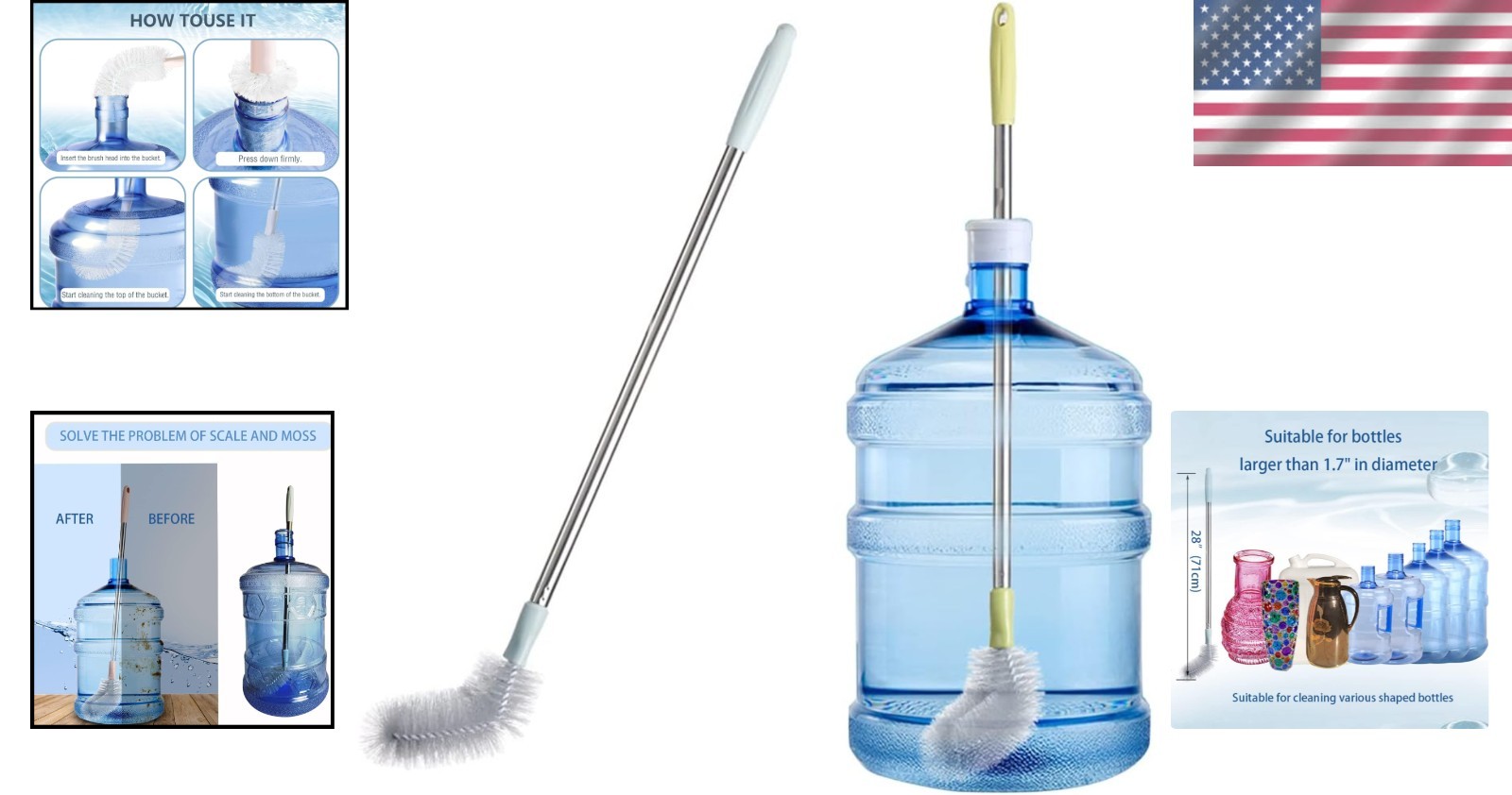 28″ Bendable Cleaning Brush for 3 & 5 Gallon Bottles – 2 Pack of Durable Brushes
