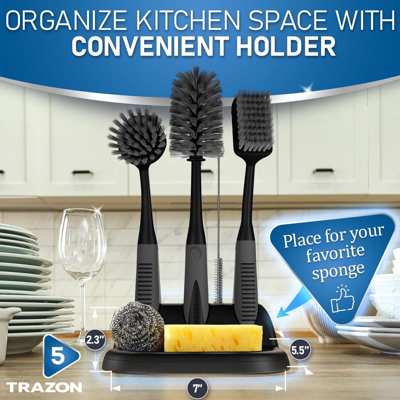5-Piece Dish Brush Set with Holder – Non-Slip Long Handle Kitchen Scrubbers for
