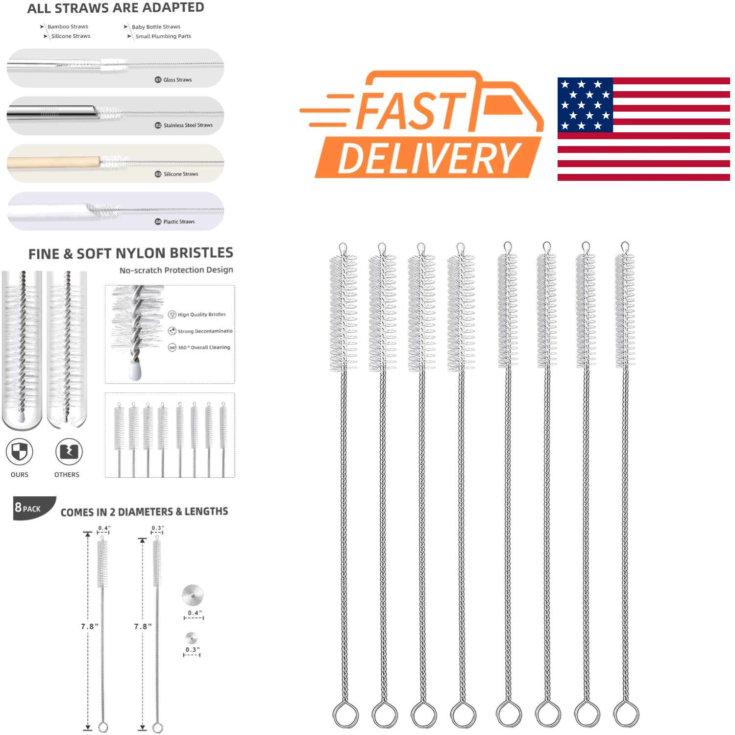 Straw Cleaner Brush Set 8 Piece Long Cleaning Brushes for Straws and Pipes