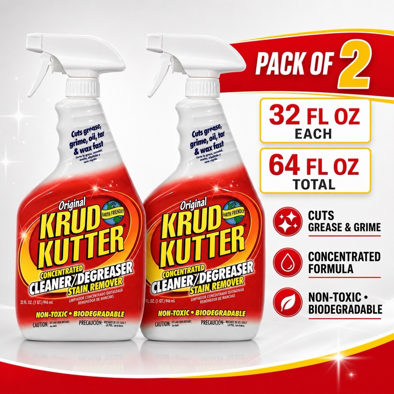 Krud Kutter KK32 Cleaner Degreaser Stain Remover 32 oz Spray – Pack of 2