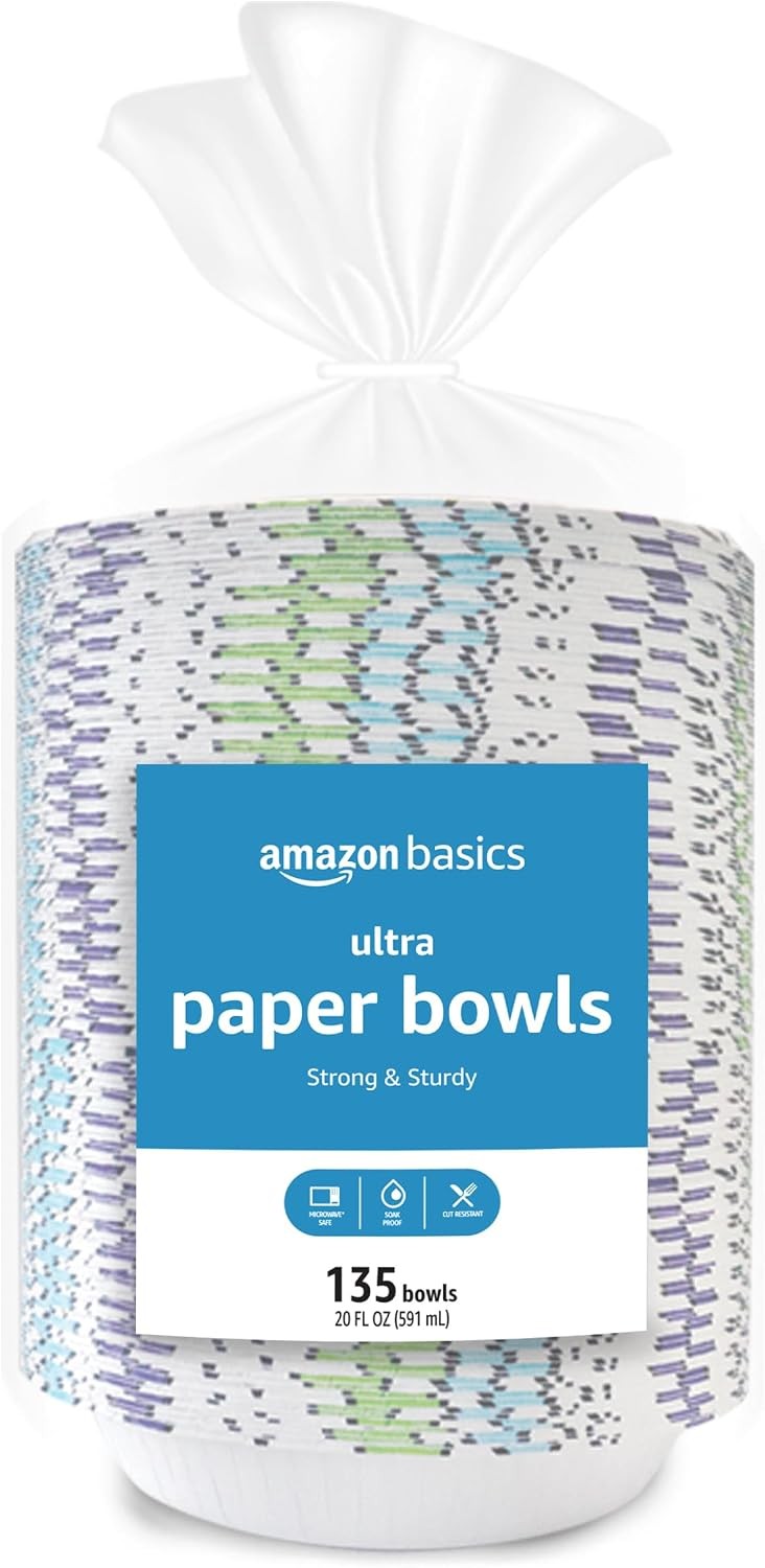 Amazon Basics Ultra Disposable Paper Bowls, 20 Oz, Microwave Safe, Soak Proof,