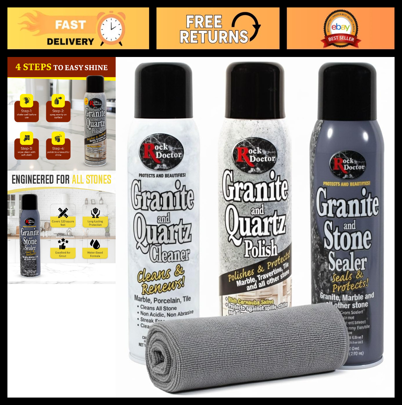 Granite & Quartz Cleaner Care Kit – 4 Piece Stone Maintenance Combo with Microfi