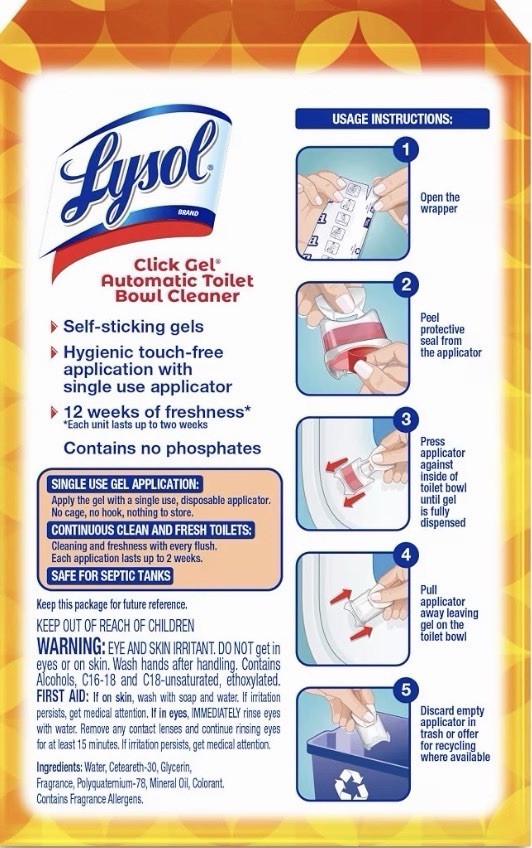 Lysol Click Gel Toilet Bowl Cleaner Mango & Hibiscus, Touch-Free, 6 Pack 1.02 oz
