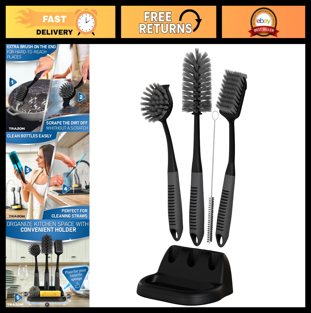 5-Piece Dish Brush Set with Holder – Non-Slip Long Handle Kitchen Scrubbers for