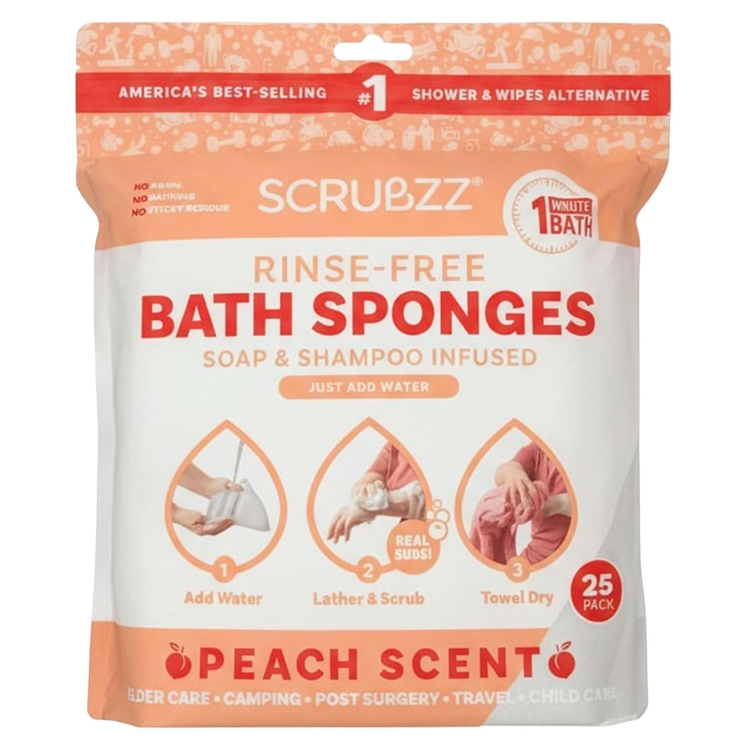 SCRUBZZ 105 Rinse Free Bath Sponges Disposable No Rinse Shower Wipes PEACH SCENT