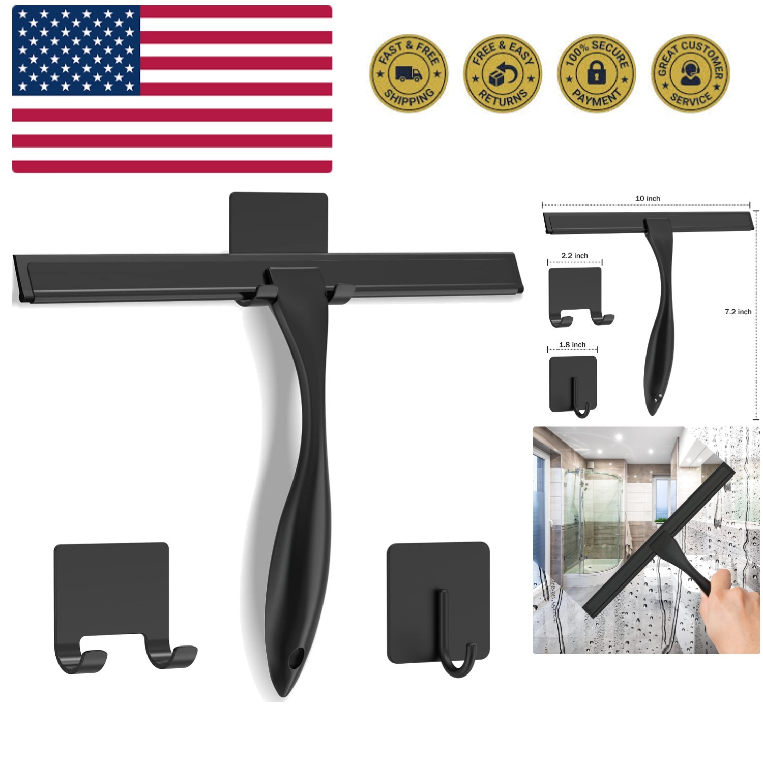 All-Purpose Stainless Steel Shower Squeegee for Shower Doors with 2 Adhesive …
