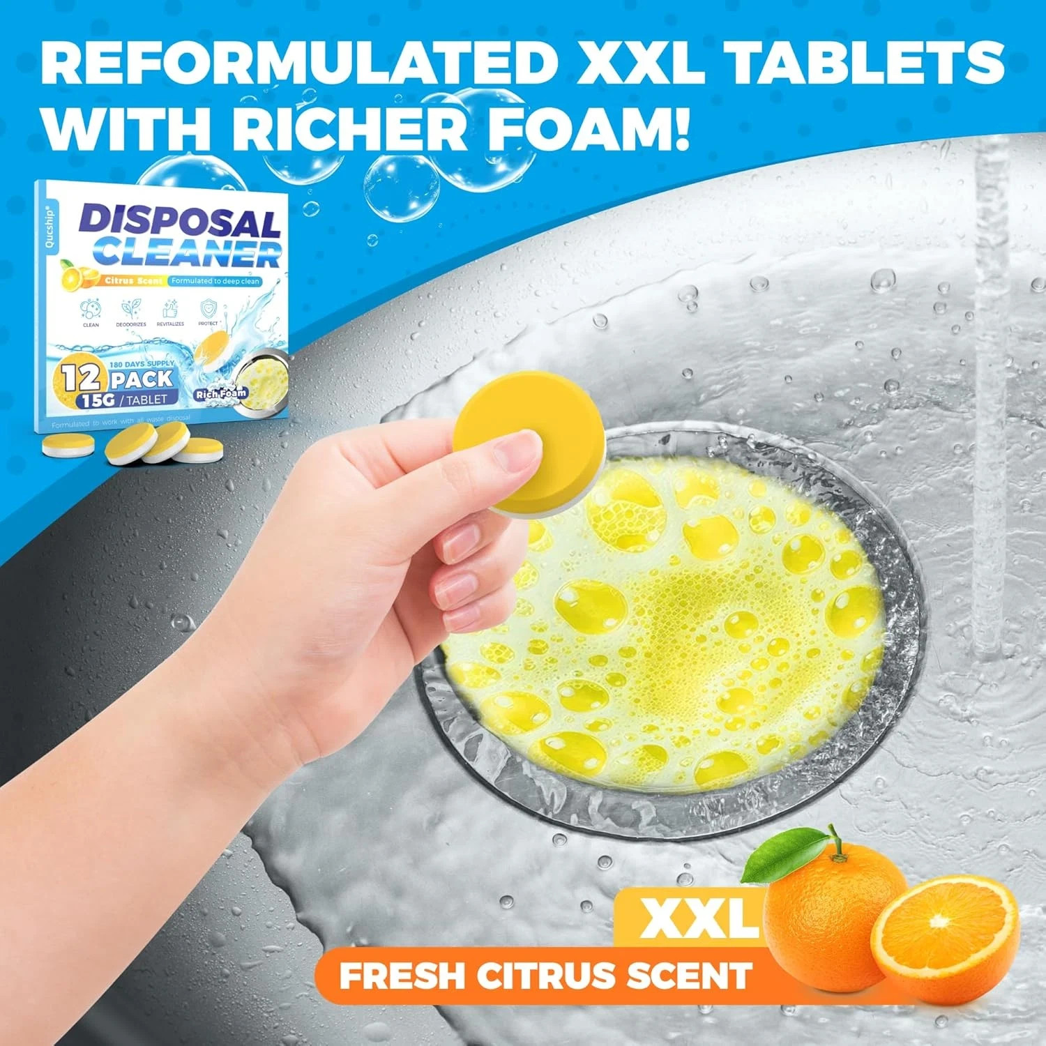 Garbage Disposal Cleaner Deodorizer – 12 Pack, Foaming Citrus Sink Freshener – X