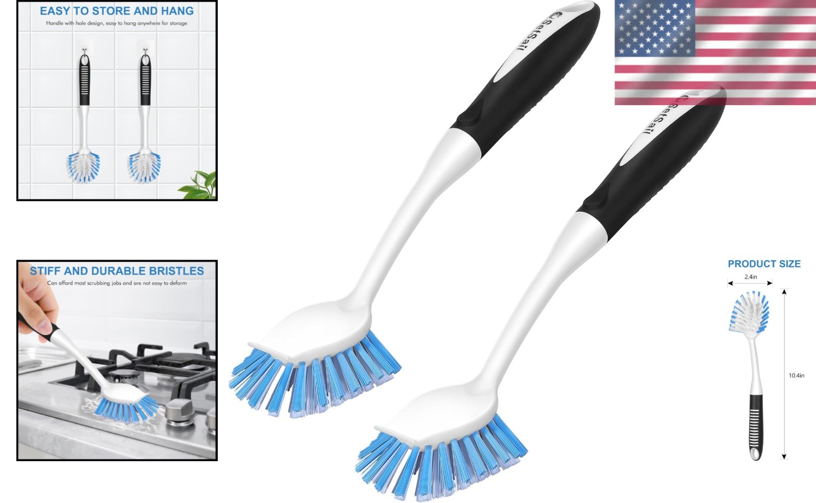 Durable 2-Pack Dish Brush Set with Non-Slip Handle & Built-in Scraper Features