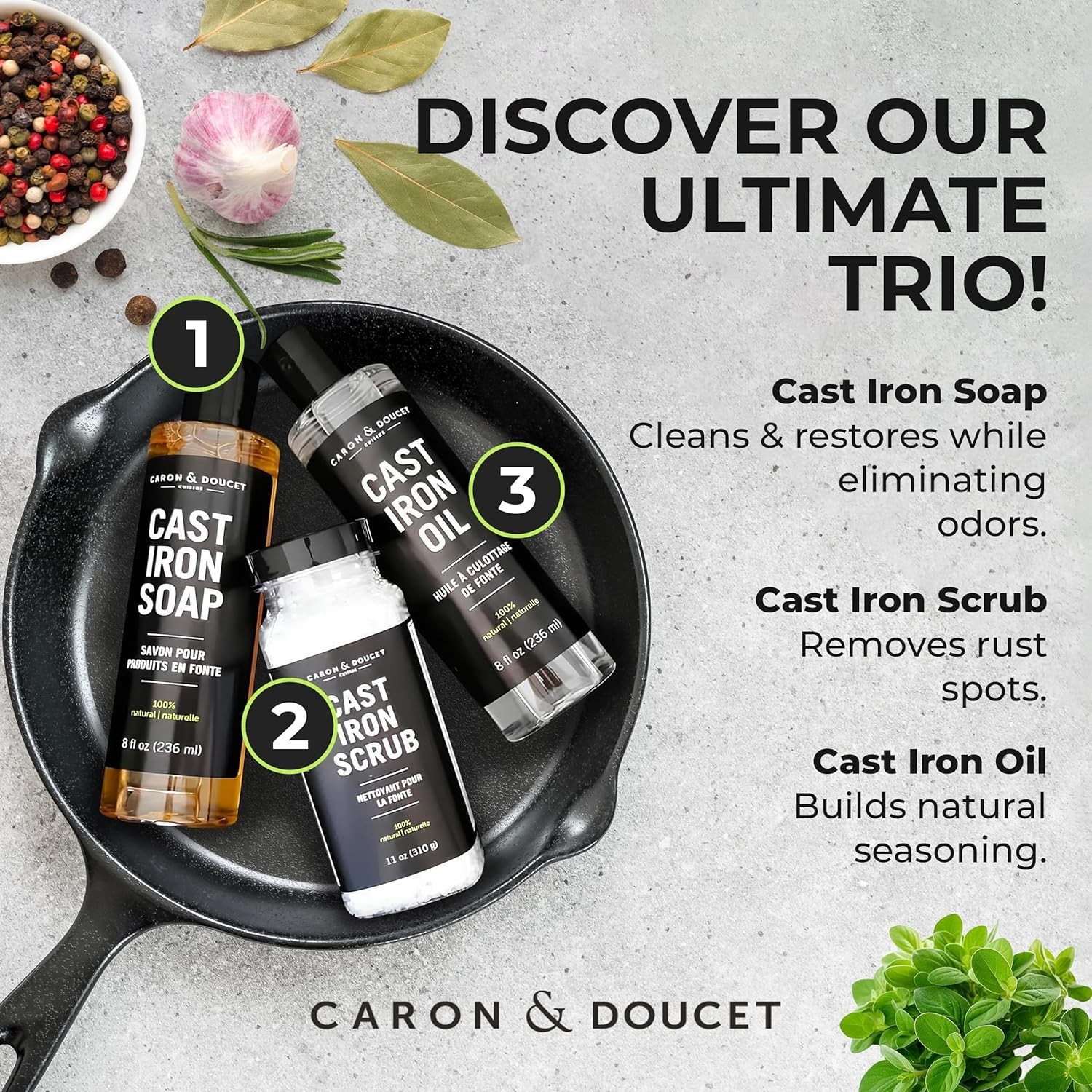 Ultimate Cast Iron Set: Seasoning Oil, Cleaning Soap & Restoring Scrub | 100%…