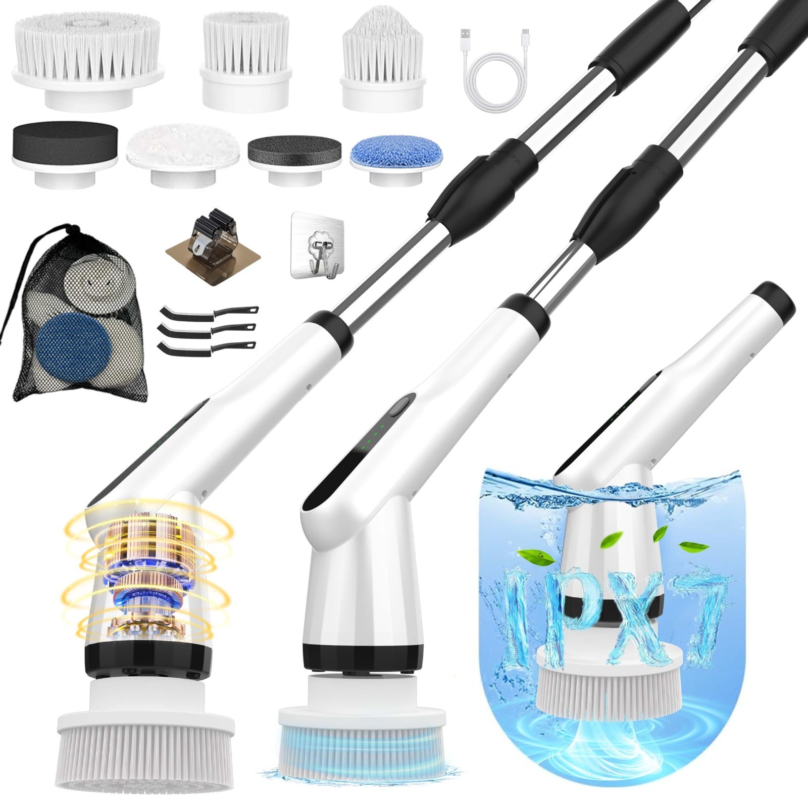 Electric Spin Scrubber with 7 Brush Heads & Retractable Handle – 2-Speed Shower