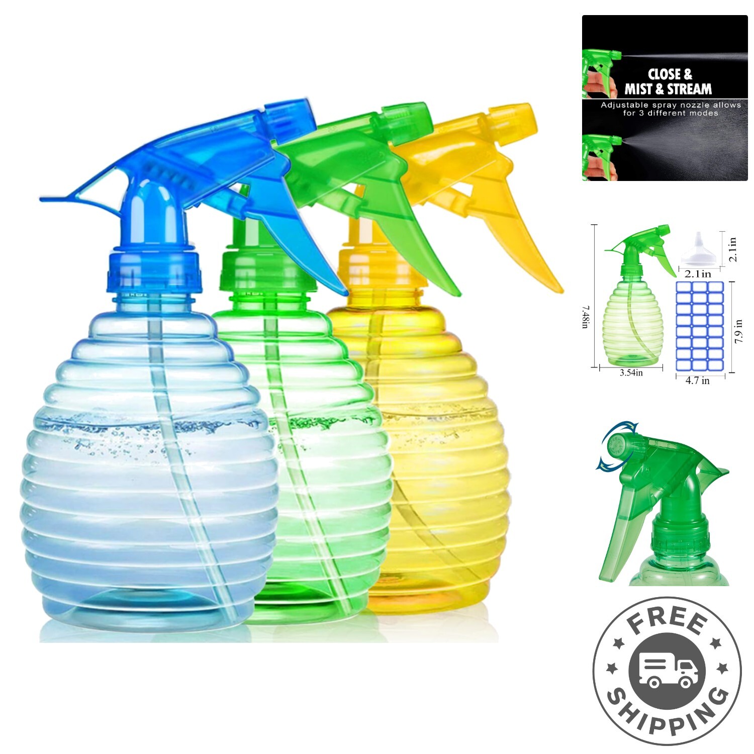 Durable 3-Pack 16 oz Spray Bottles with Mist/Stream Nozzles – Leak-Proof Design