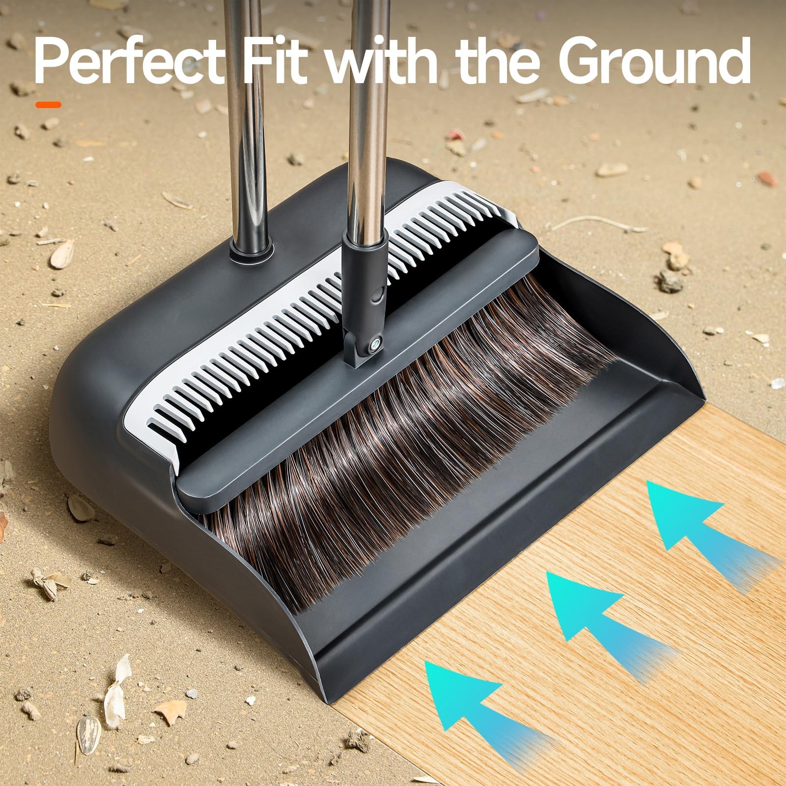 CTIME Broom and Dustpan Set, Extra Brush Head & 51.6″ Adjustable Black, Gray