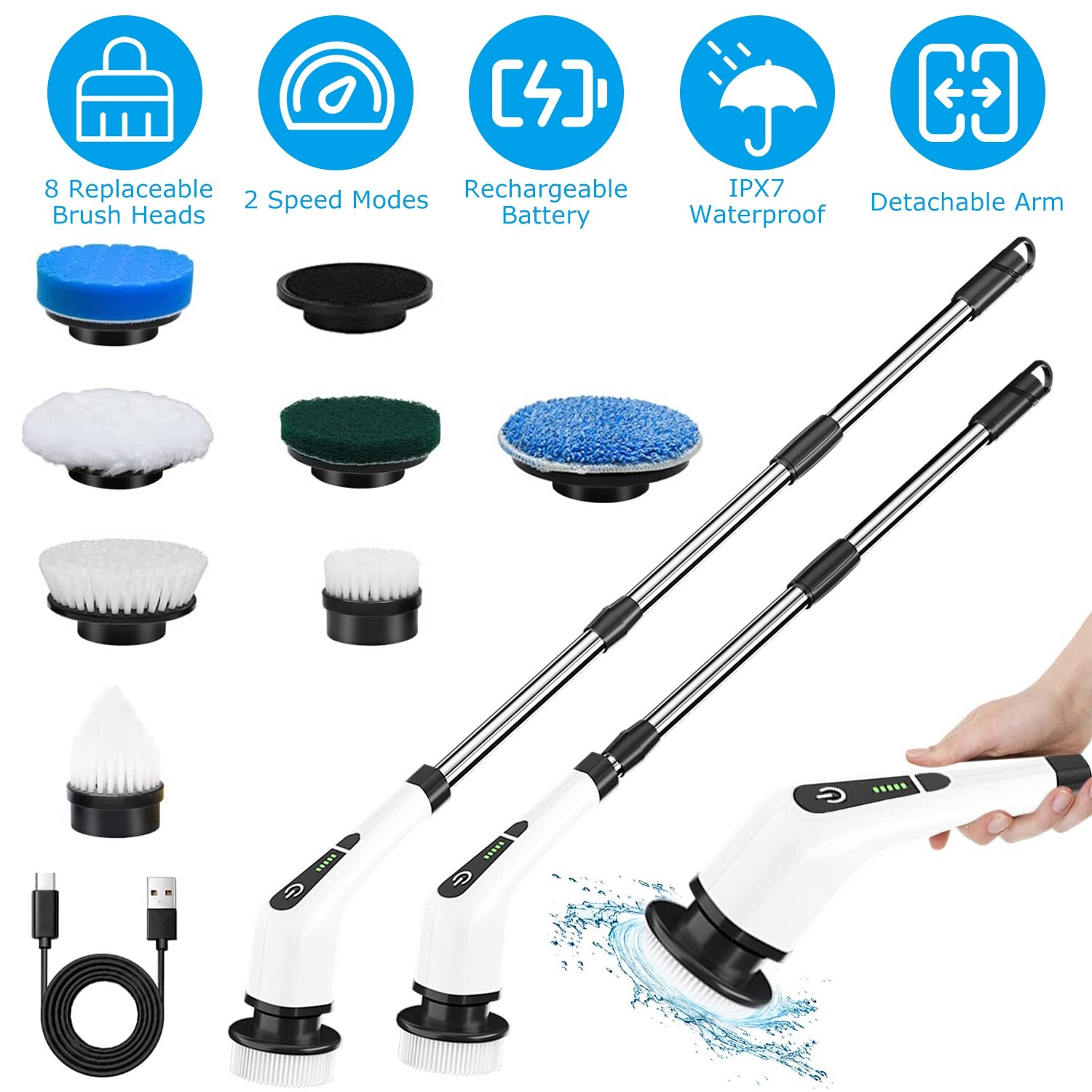 Electric Spin Scrubber Cordless Bath Tub Power Scrubber with Handle & 8 Heads
