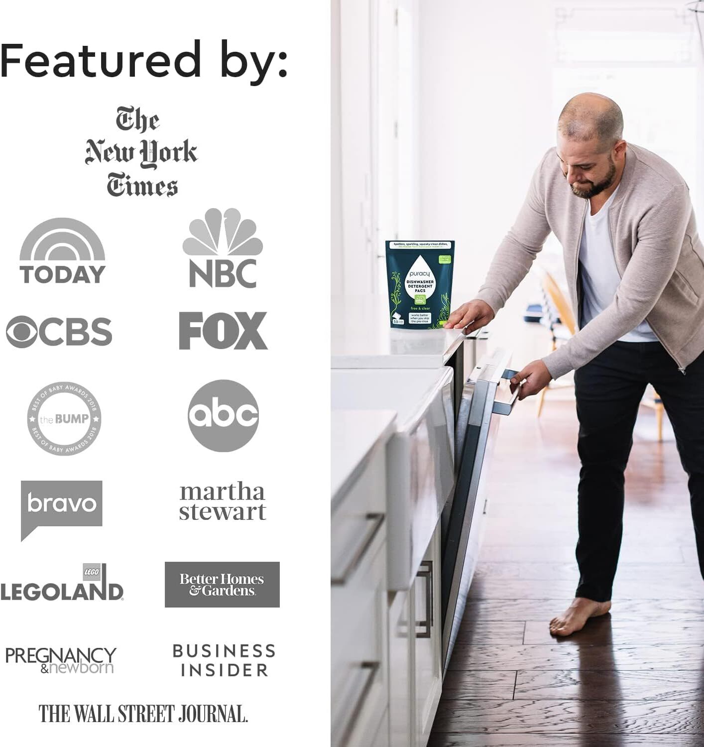 Puracy Dishwasher Pods, Natural Dishwasher Detergent, Free & Clear Dish tabs
