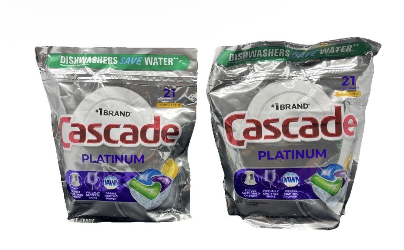 2PK Cascade Platinum Dawn Dishwasher Cleaner Lemon Scent Total42 Action Pacs Pod