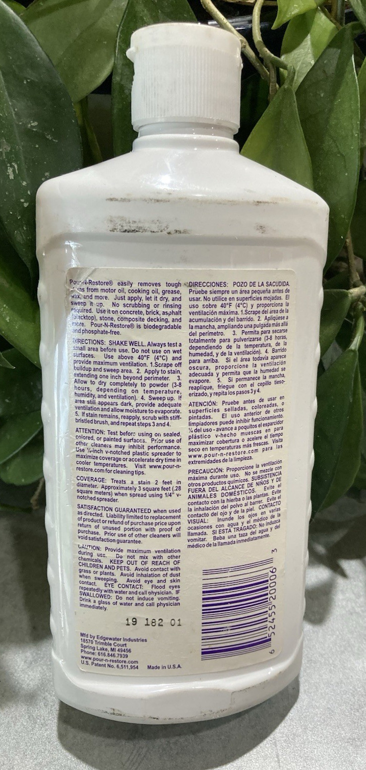Oil Stain Remover Pour-N-Restore No Scrubbing or Rinsing 16 fl oz – Unopened