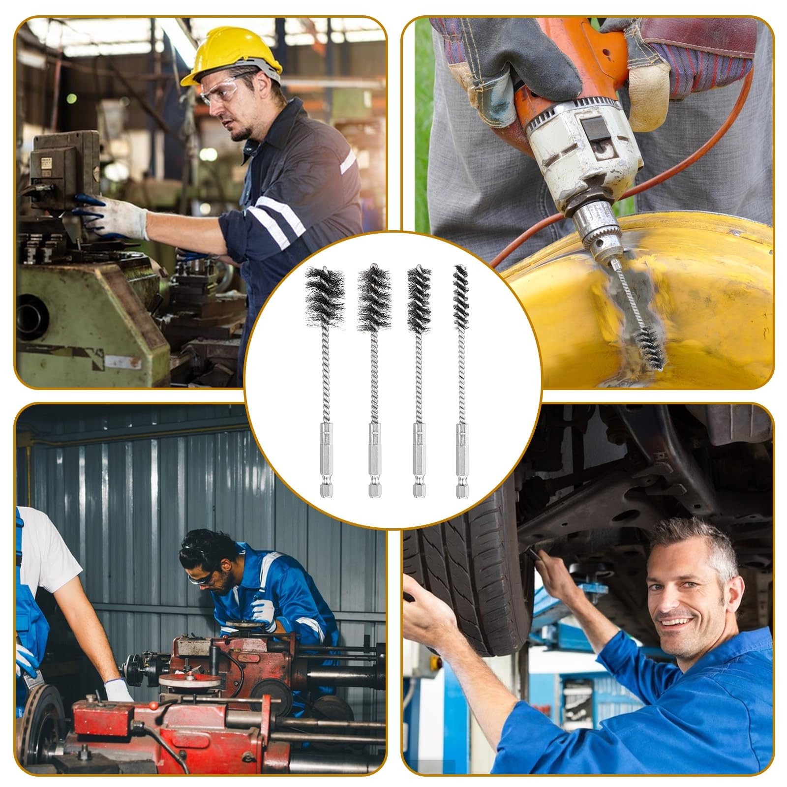 4 Pcs Stainless Steel Wire Brushes for Drill Stainless Steel Bore Brush Set 3/8′