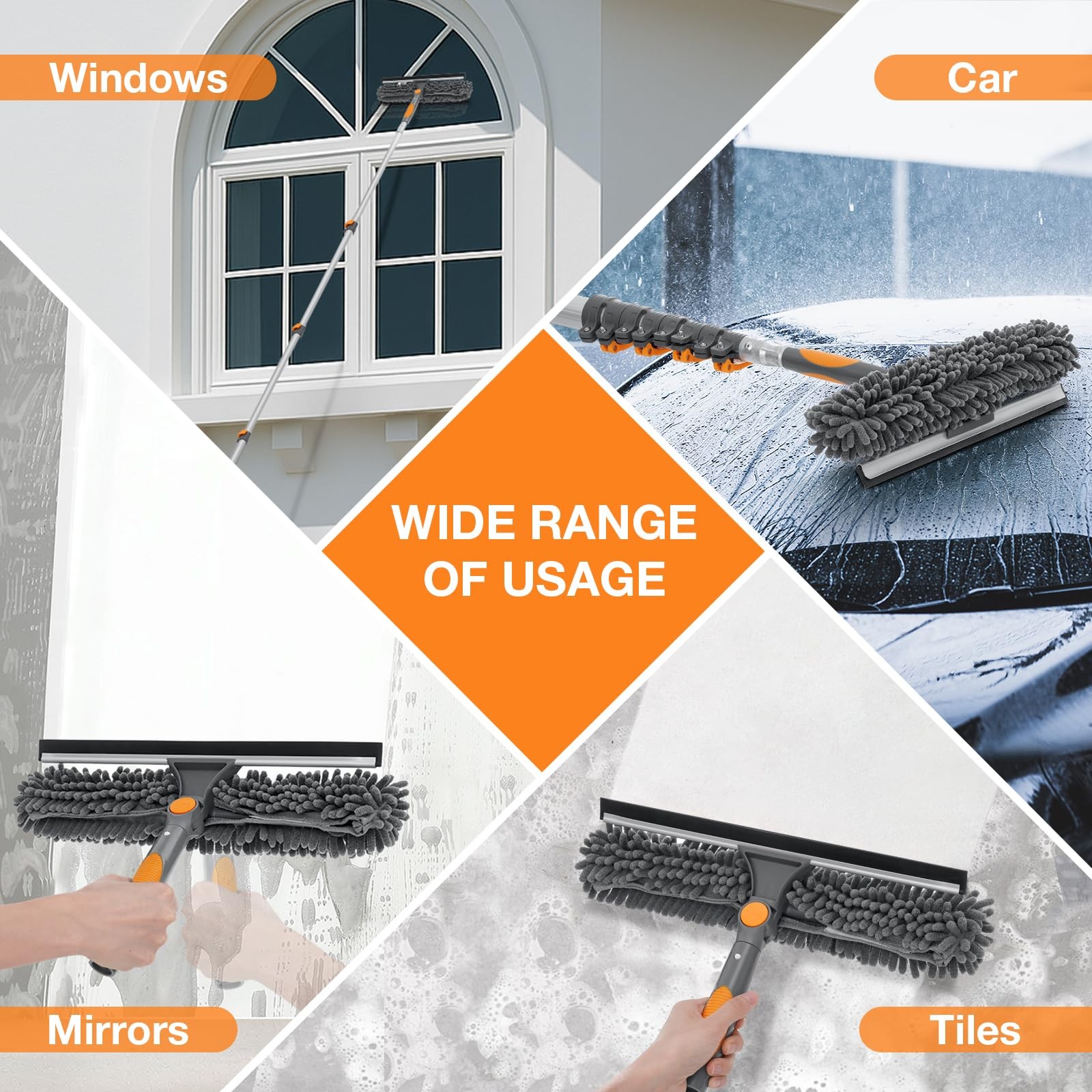 20FT Reach Window Squeegee with 5-13 FT Extension Poles, Extra-Large 14″ Wind…