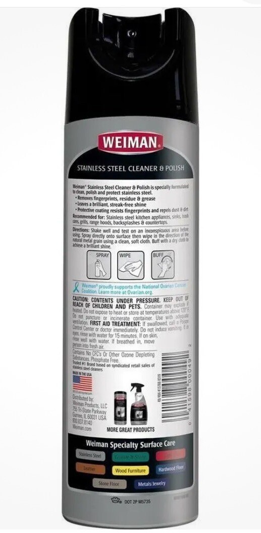 Weiman Stainless Steel Cleaner & Polish Aerosol, 17 fl oz