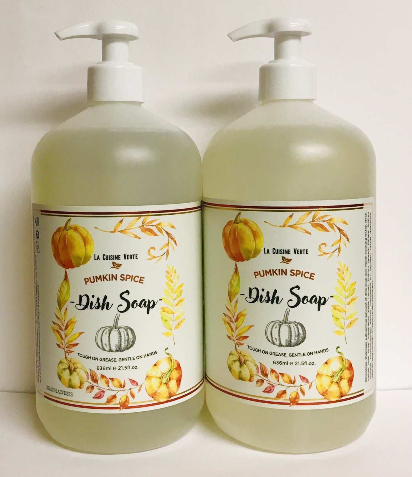 2 Bottles Pumpkin Spice Dish Soap 21.5 oz Each Touch On Grease, Gentle On Hands
