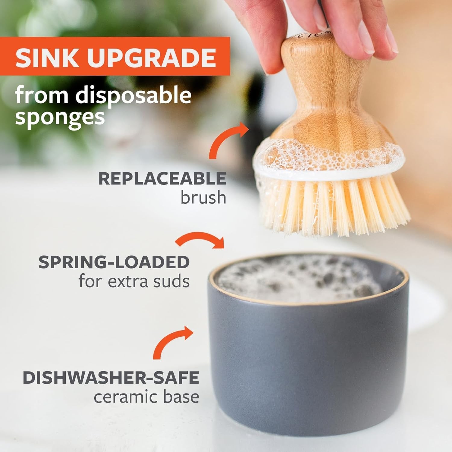 Ceramic Soap Dispenser and Bamboo Handle Dish Brush Set for Kitchen Cleaning