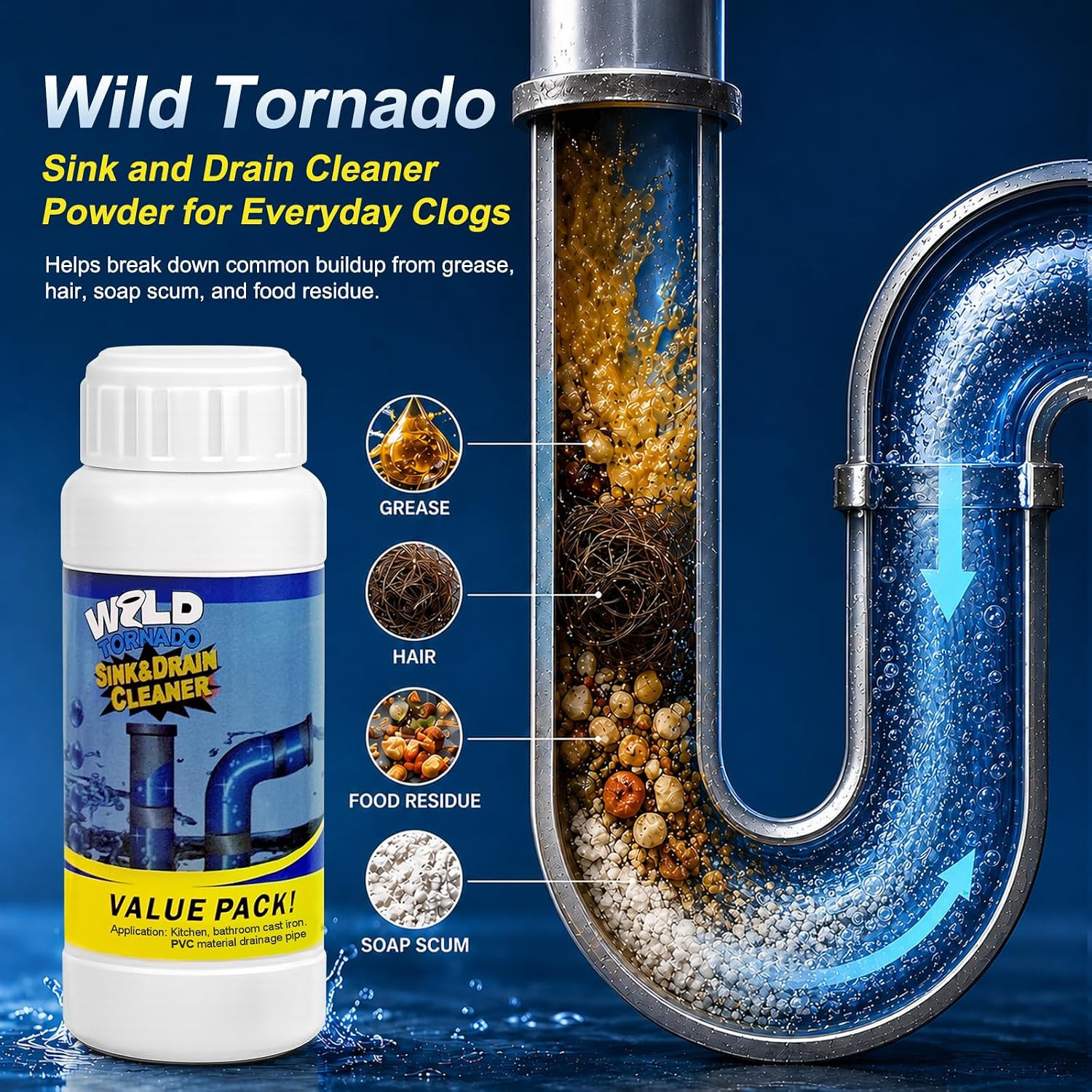 Wild Tornado Sink and Drain Cleaner Powder, Effectively Breaks Down Grease, Hair