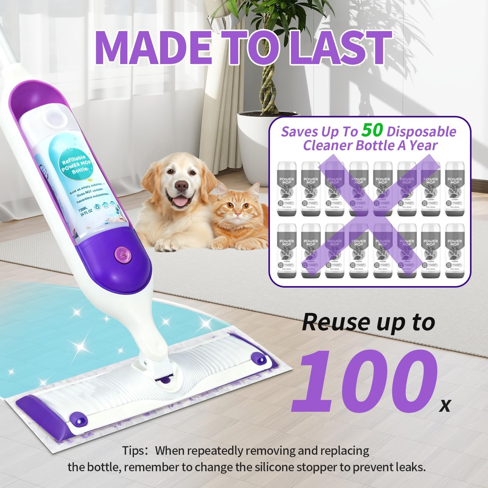 Refillable 24 FL.OZ Bottle for Swiffer PowerMop – Leak-Proof Cleaner Container,