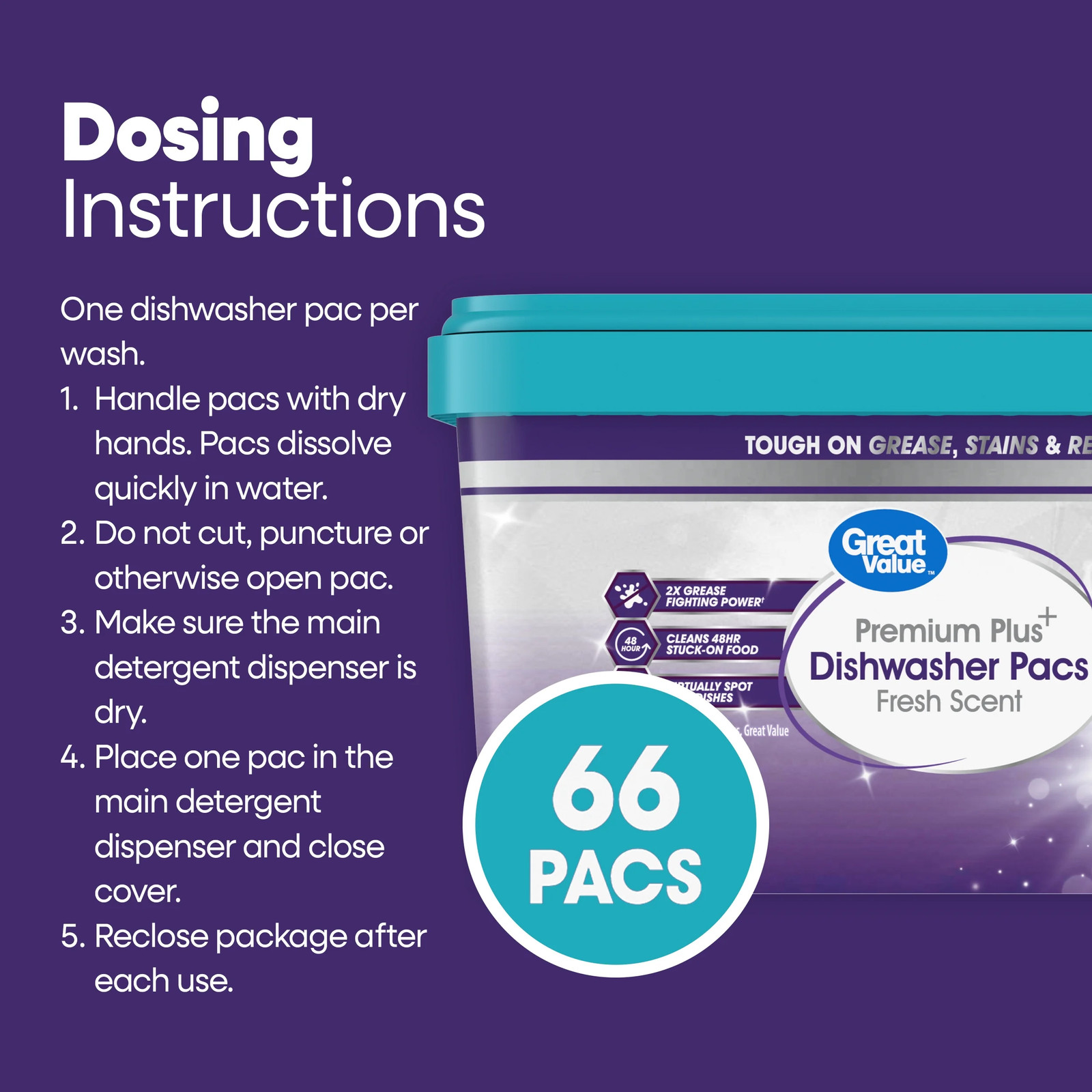 Premium Plus Dishwasher Pacs, Fresh Scent, 66 Count