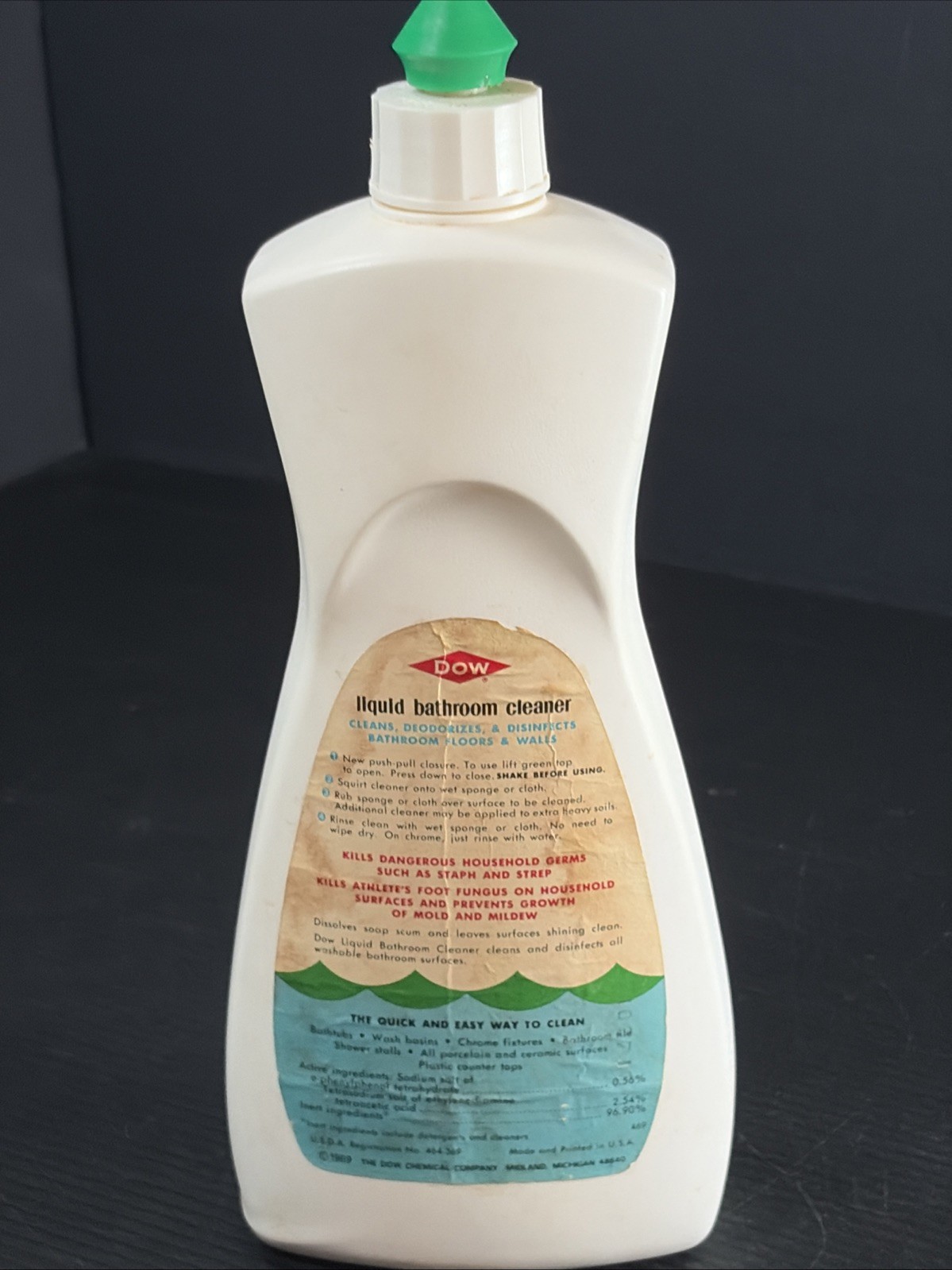 Vtg 1969 Dow Liquid Bathroom Cleaner 22oz Bottle Great Graphics Prop