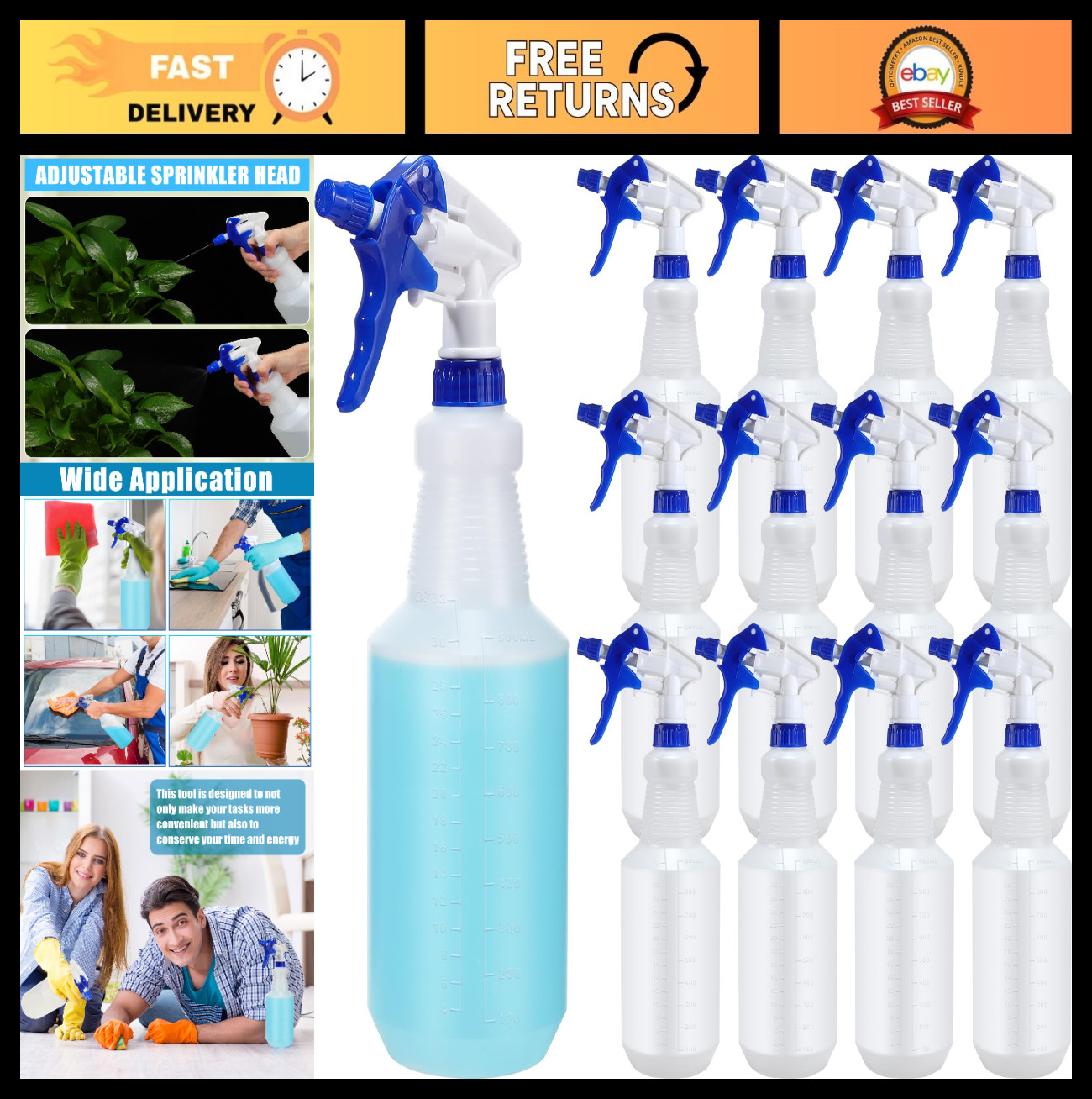 12 Pack 32 oz Heavy Duty Leakproof Spray Bottles – Adjustable Nozzle for Cleanin