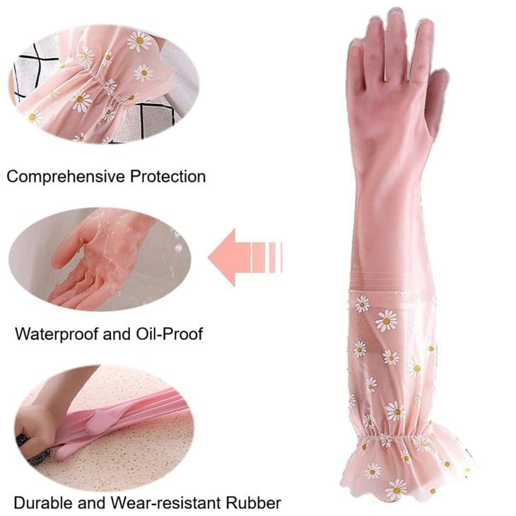 ITISMUNGO Dishwashing Cleaning Gloves Thick Waterproof String, Pink and White