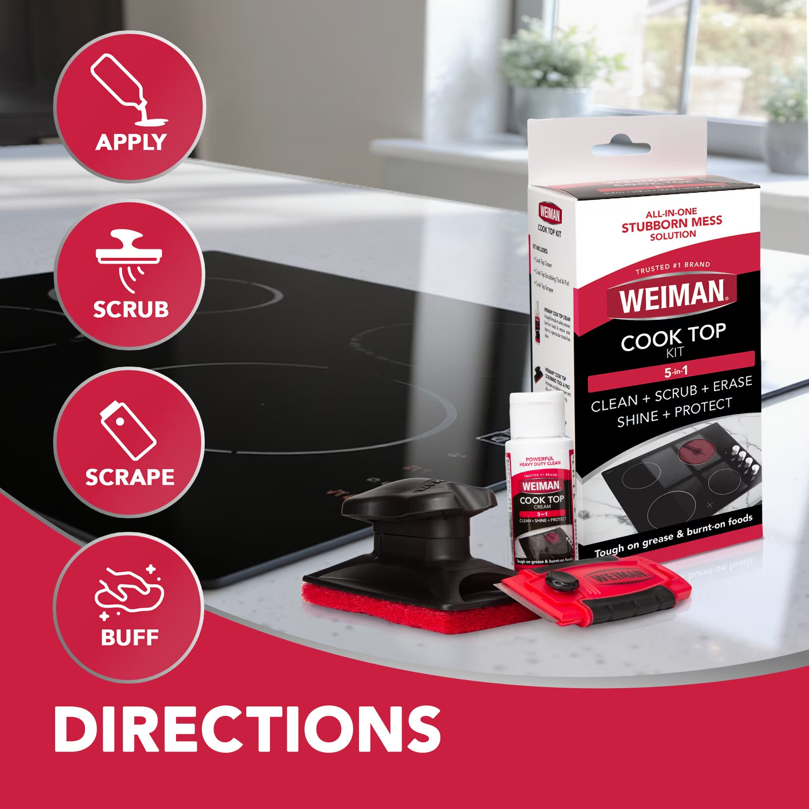 Weiman Glass Stove Top Complete Cleaning Kit Cleaner Scrubber & Scraper Included